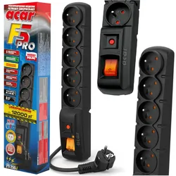 Listwa przedłużacz przeciwprzepięciowy ACAR F5 PRO 3m 5 gniazd 10A czarna