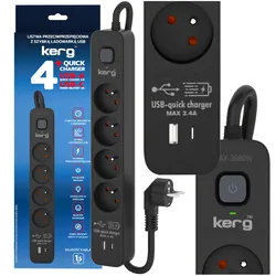 Listwa zasilająca przeciwprzepięciowa Kerg z wyłącznikiem 4 gniazda z uziemieniem USB QC   USB-C QC 1,5m 16A