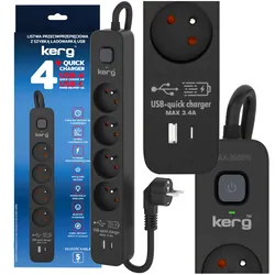Listwa zasilająca przeciwprzepięciowa Kerg z wyłącznikiem 4 gniazda z uziemieniem USB QC   USB-C QC 5m 16A