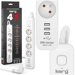 Przedłużacz przeciwprzepięciowy Kerg z wyłącznikiem 4 gniazda z uziemieniem   3x USB 5m 16A