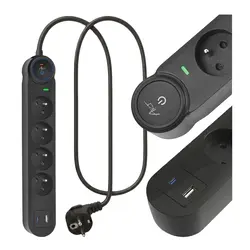 Listwa przeciwprzepięciowa 1.5m SPD3 4 gniazda 16A USB-A USB-C 3,4A czarna