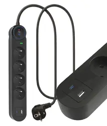 Listwa przeciwprzepięciowa SPD3 4 gniazda 16A USB-A USB-C 3,4A 1,5m czarna