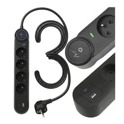 Listwa przeciwprzepięciowa 3m SPD3 4 gniazda 16A USB-A USB-C 3,4A czarna