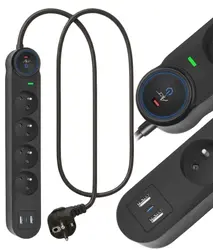 Listwa przeciwprzepięciowa 1.5m SPD3 4 gniazda 10A 2x USB-A USB-C 2,6A czarna