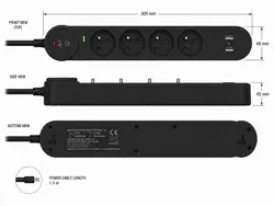 Listwa przeciwprzepięciowa 1.5m SPD3 4 gniazda 10A 2x USB-A USB-C 2,6A czarna