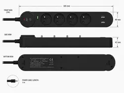 Listwa przeciwprzepięciowa 3m SPD3 4 gniazda 10A 2x USB-A USB-C 2,6A czarna