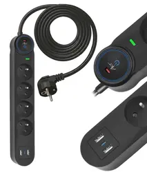Listwa przeciwprzepięciowa 3m SPD3 4 gniazda 10A 2x USB-A USB-C 2,6A czarna