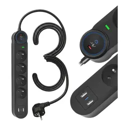 Listwa przeciwprzepięciowa 3m SPD3 4 gniazda 10A 2x USB-A USB-C 2,6A czarna