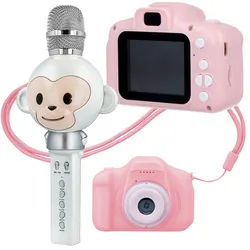 Zestaw dla dzieci mikrofon z głośnikiem bluetooth Forever Animal AMS-100 małpka biały   aparat fotograficzny różowy