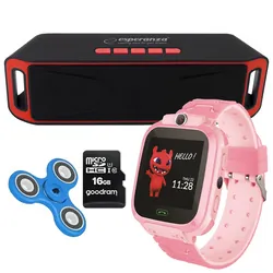 Zestaw dla dzieci zegarek smartwatch Maxlife Kids Watch MXKW-300 różowy + głośnik bluetooth + karta 16GB