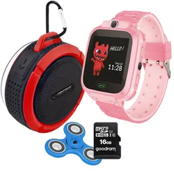 Zestaw dla dzieci zegarek smartwatch Maxlife Kids Watch MXKW-300 różowy   głośnik bluetooth   karta 16GB