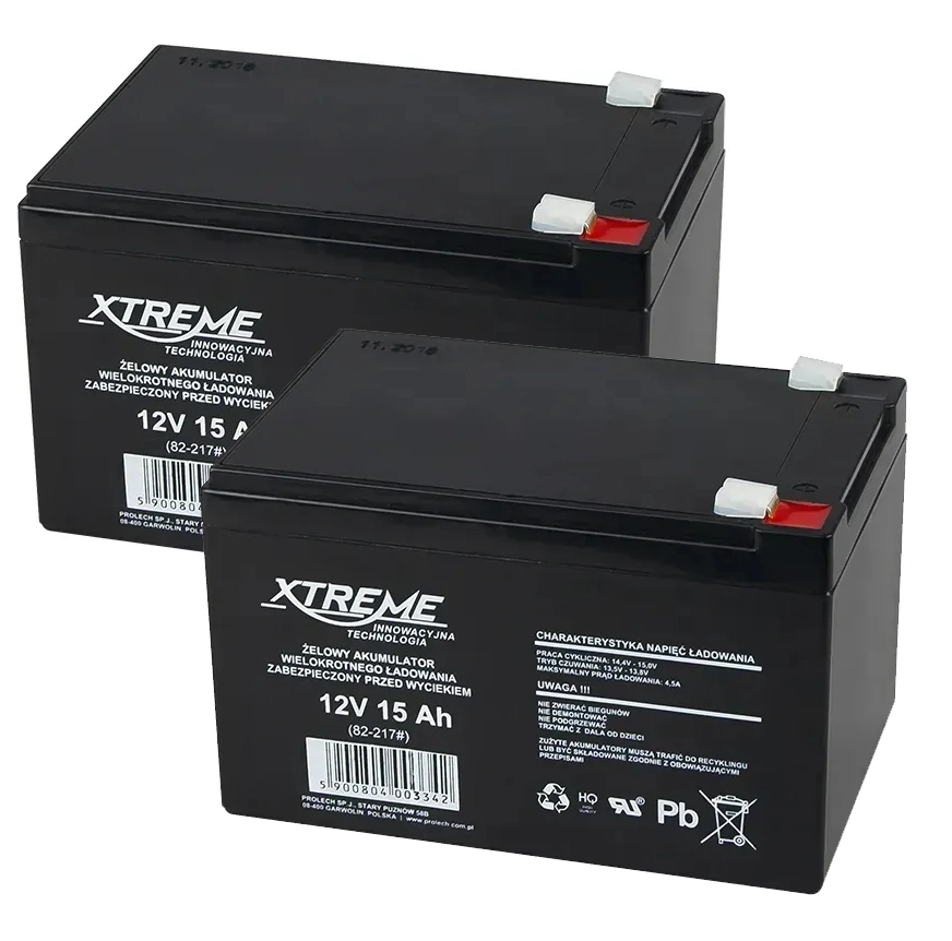 2x Akumulator żelowy XTREME 12V 15Ah + ładowarka