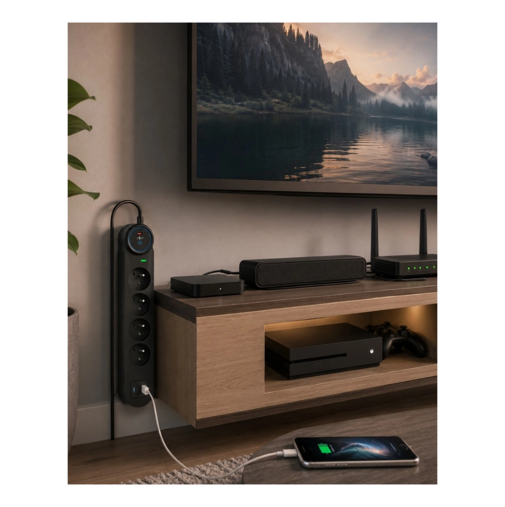 Listwa przeciwprzepięciowa SPD3 4 gniazda 16A USB-A USB-C 3,4A 3m czarna