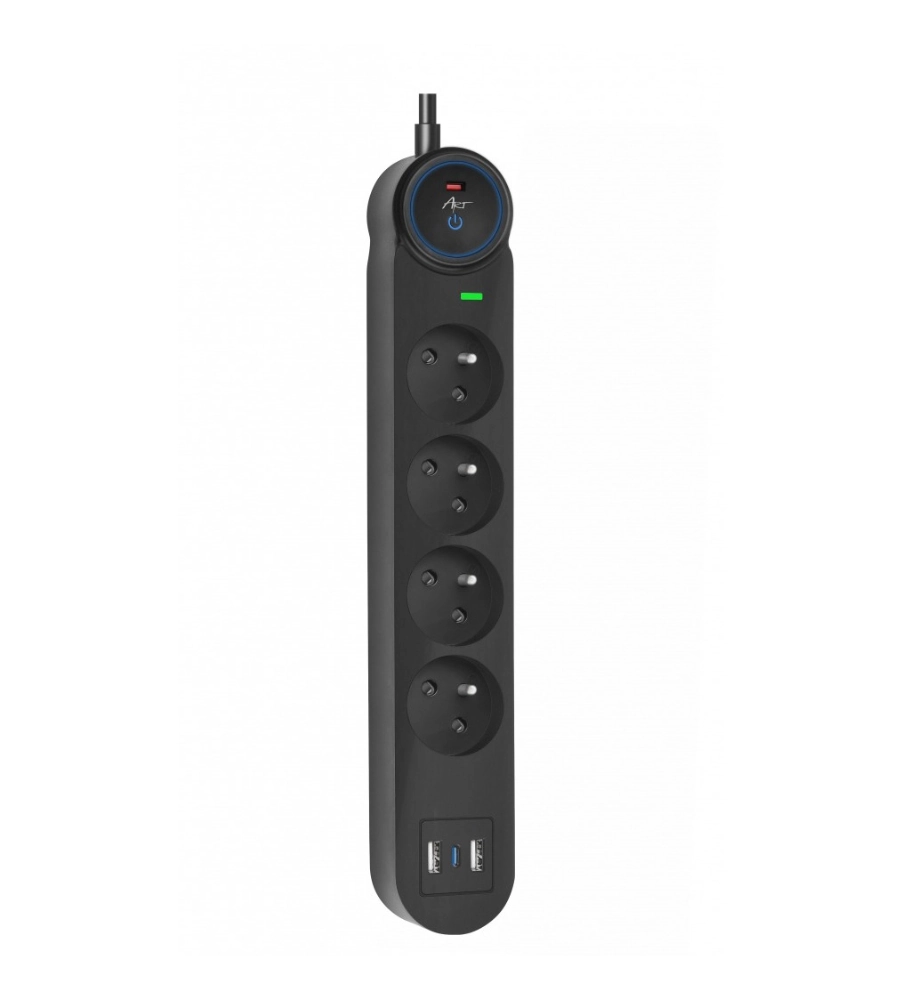 Listwa przeciwprzepięciowa 1.5m SPD3 4 gniazda 10A 2x USB-A USB-C 2,6A czarna