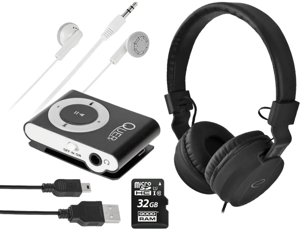 Odtwarzacz MP3 Quer + słuchawki nauszne + karta 32GB