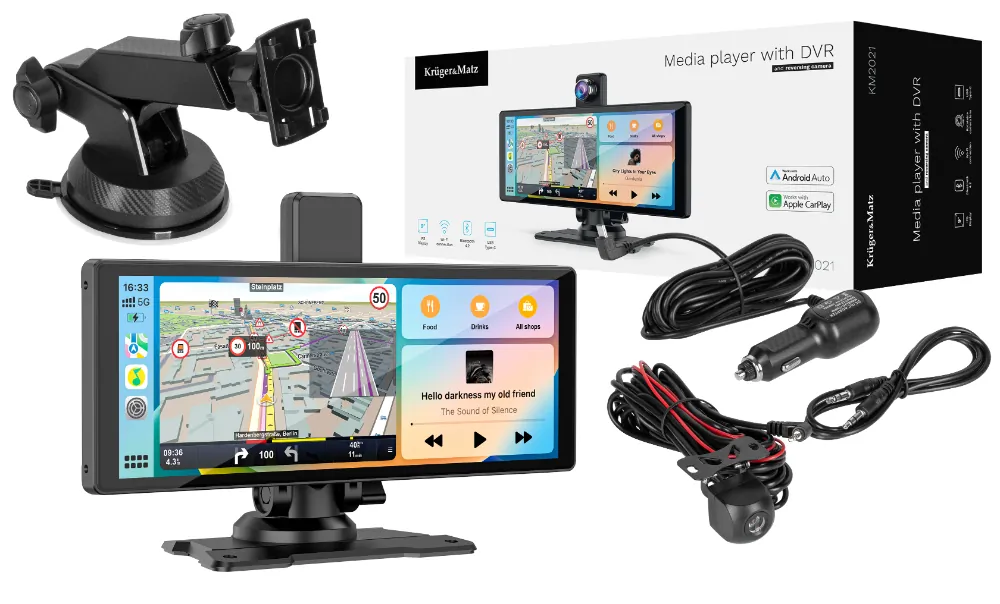 Stacja multimedialna 9 cali Kruger&Matz Android Auto Apple Carplay z DVR i kamerą cofania