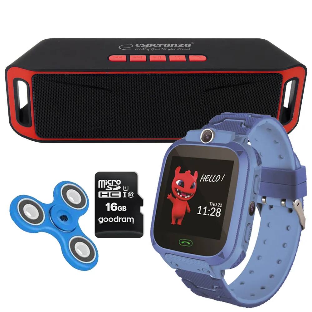 Zestaw dla dzieci zegarek smartwatch Maxlife Kids Watch MXKW-300 niebieski + głośnik bluetooth + karta 16GB