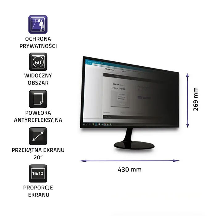 Filtr prywatyzujący RODO 20" 16:10 Qoltec 