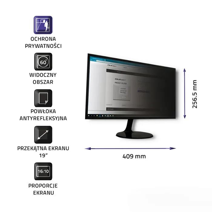 Filtr prywatyzujący RODO 19" 16:10 Qoltec 