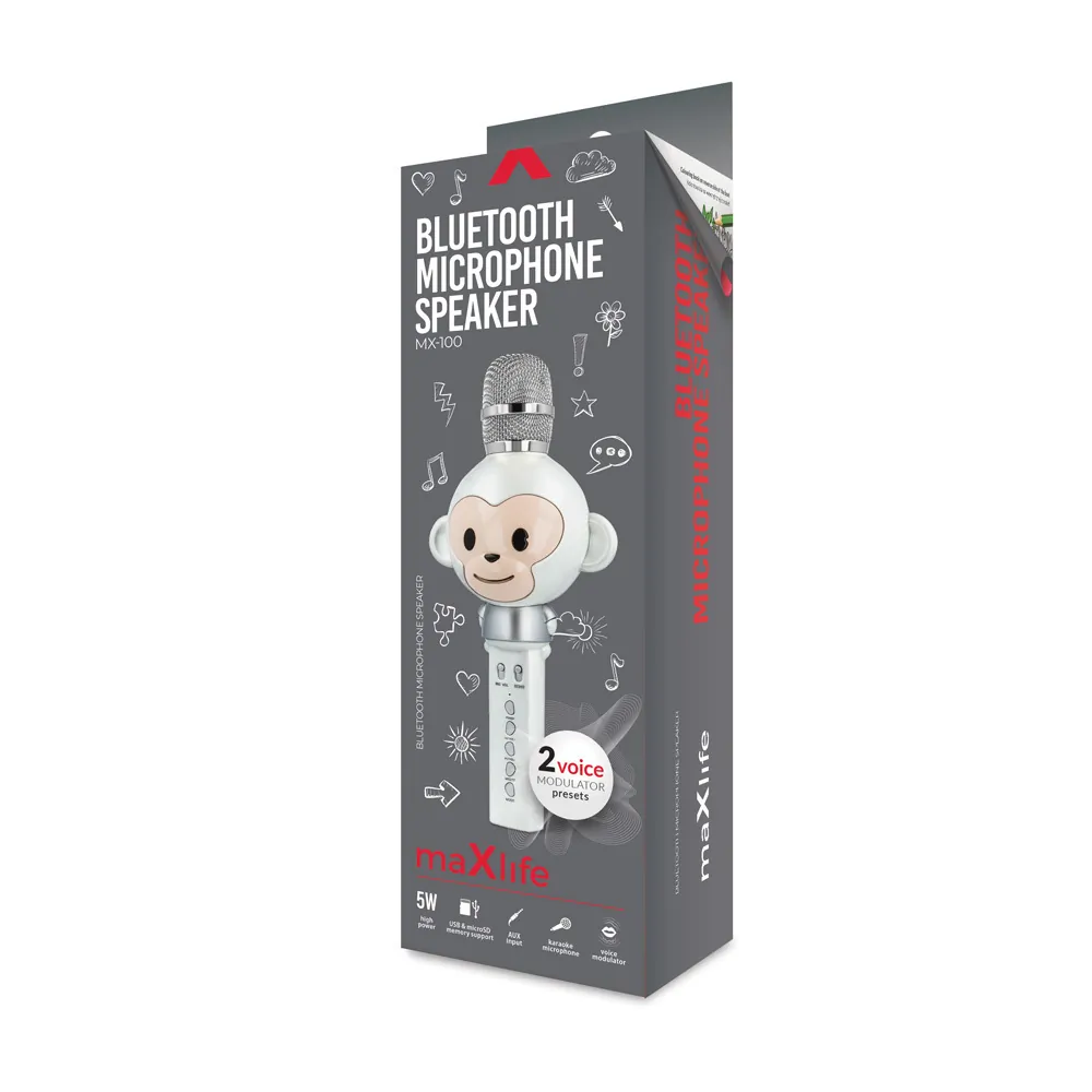 Mikrofon z głośnikiem bluetooth dla dzieci Forever Animal małpka - srebrny/biały - AMS-100