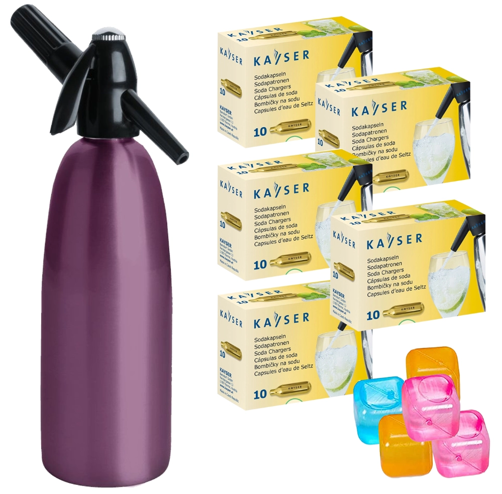 Saturator syfon retro do wody gazowanej 1L + zestaw 50 naboi CO2 + 5 kostek do lodu - kolor fioletowy