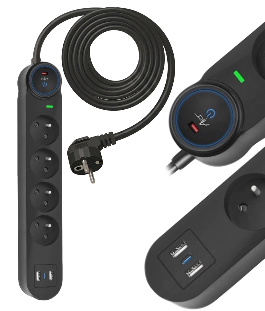 Listwa przeciwprzepięciowa 3m SPD3 4 gniazda 10A 2x USB-A USB-C 2,6A czarna