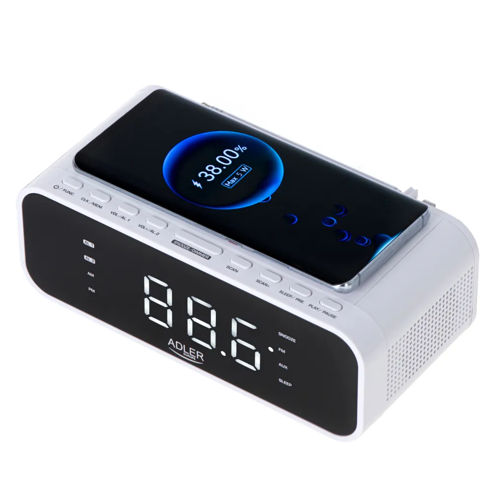 Radiobudzik z ładowarką bezprzewodową Adler AD 1192W Bluetooth AUX - biały