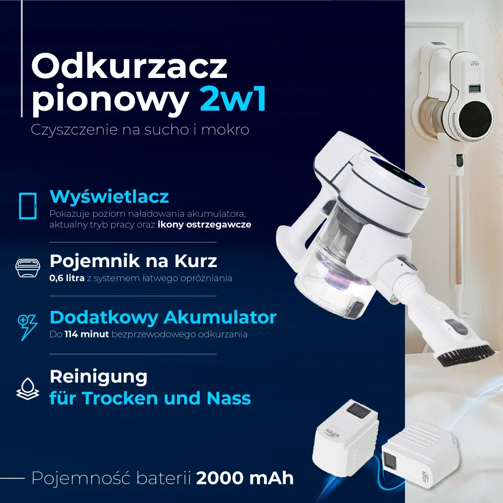 Bezprzewodowy odkurzacz pionowy 2w1 Adler AD 7064 do czyszczenia na sucho i na mokro do podłóg twardych