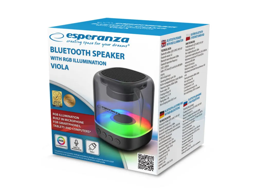 Głośnik przenośny Bluetooth Esperanza VIOLA LED RGB