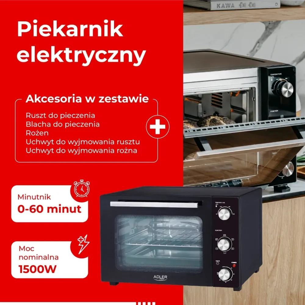 Piekarnik elektryczny 35L Adler AD 6025 + blacha do pieczenia + ruszt z uchwytem + rożen