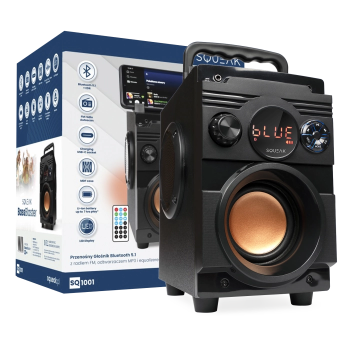 Głośnik bluetooth przenośny Squeak BassBlaster radio FM USB-C AUX 18W