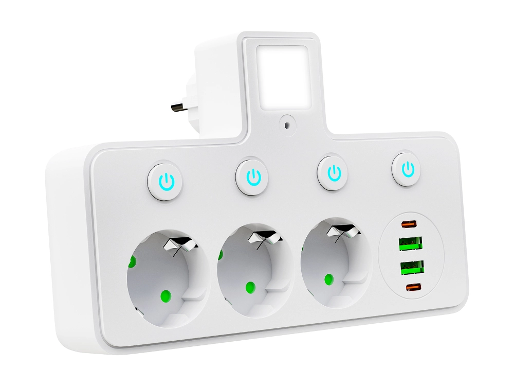Rozgałęźnik PS-380 3-Gniazda+2xUSB+2xUSB-C z lampką PIR biały