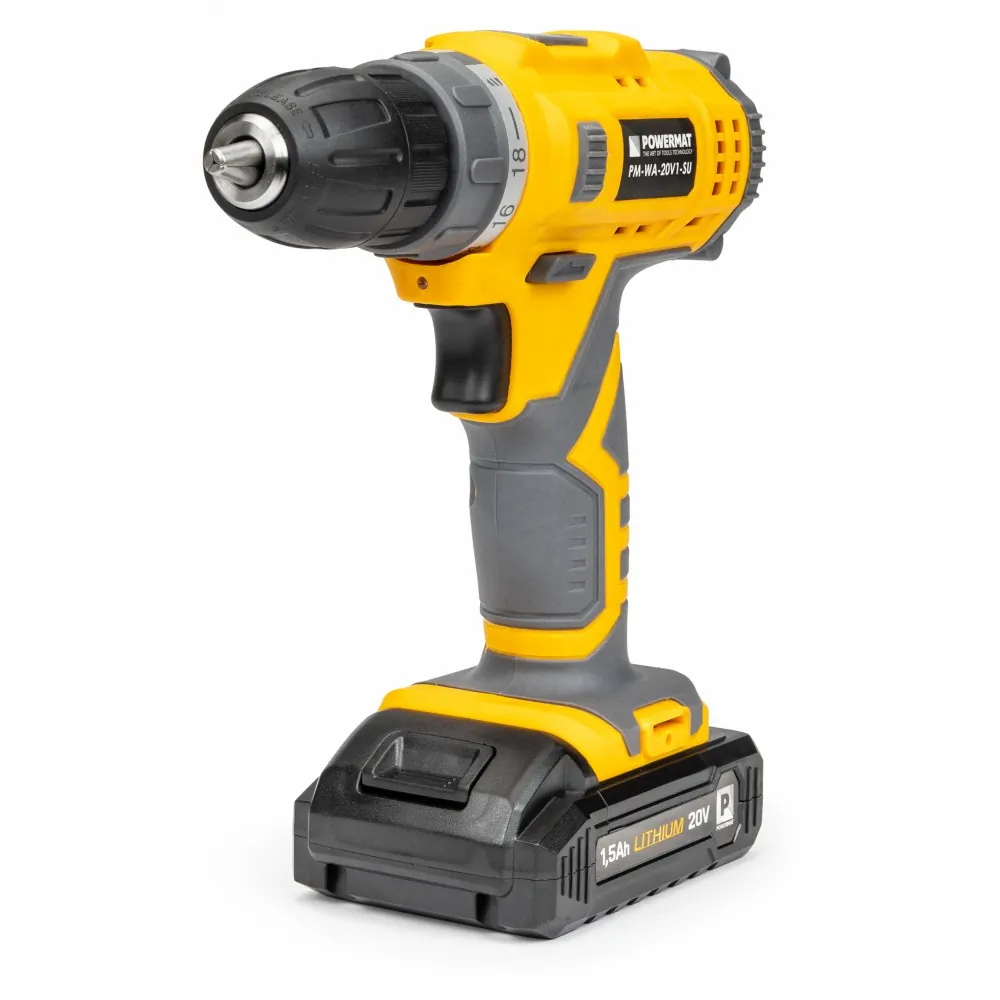 Wkrętarka wiertarka akumulatorowa 20V 1,5Ah LED Powermat PM-WA-20V1-SU zestaw 92 elementów + walizka