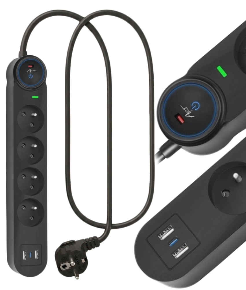 Listwa przeciwprzepięciowa 1.5m SPD3 4 gniazda 10A 2x USB-A USB-C 2,6A czarna