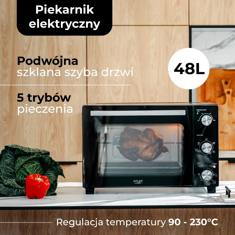 Piekarnik elektryczny 48L Adler AD 6026 + blacha do pieczenia + ruszt z uchwytem + rożen