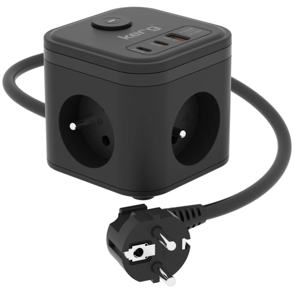 Kostka zasilająca 3-gniazdowa + szybka ładowarka USB + 2xUSB-C 1,5m 16A/250V KERG Smart czarna