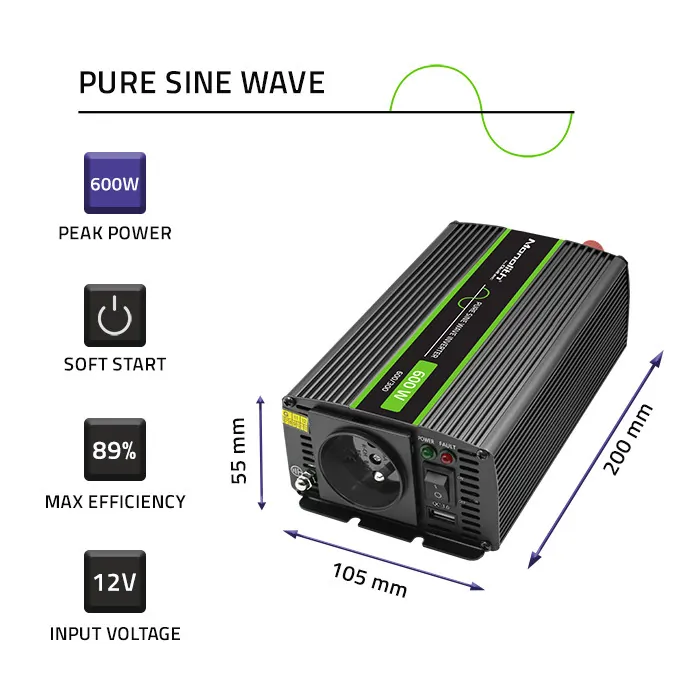 Przetwornica napięcia Monolith Qoltec 12V/230V 300W/600W Czysty Sinus