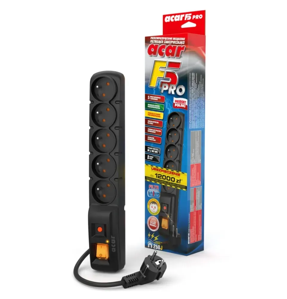 Listwa przedłużacz przeciwprzepięciowy ACAR F5 PRO 3m 5 gniazd 10A czarna