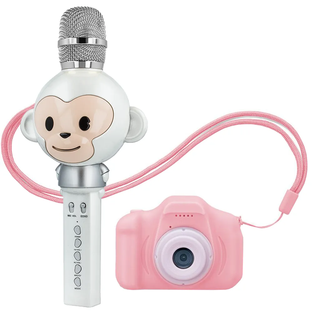 Zestaw dla dzieci mikrofon z głośnikiem bluetooth Forever Animal AMS-100 małpka biały + aparat fotograficzny różowy