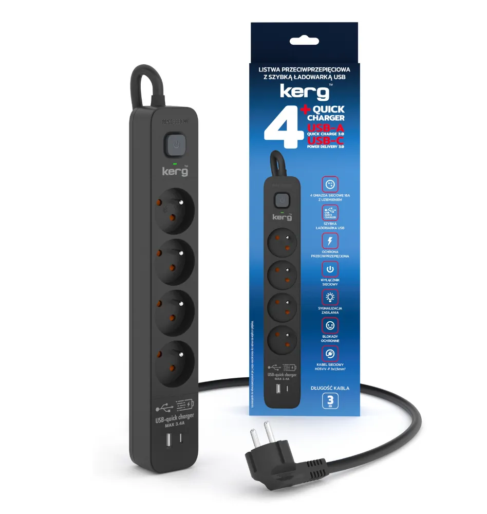 Listwa zasilająca przeciwprzepięciowa Kerg z wyłącznikiem 4 gniazda z uziemieniem USB QC + USB-C QC 3m 16A 