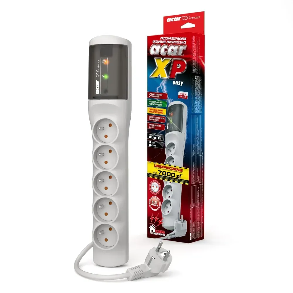 Listwa przedłużacz przeciwprzepięciowy ACAR XProtector easy 5m 5 gniazd 10A szara