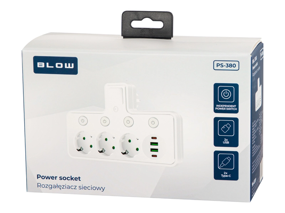 Rozgałęźnik PS-380 3-Gniazda+2xUSB+2xUSB-C z lampką PIR biały