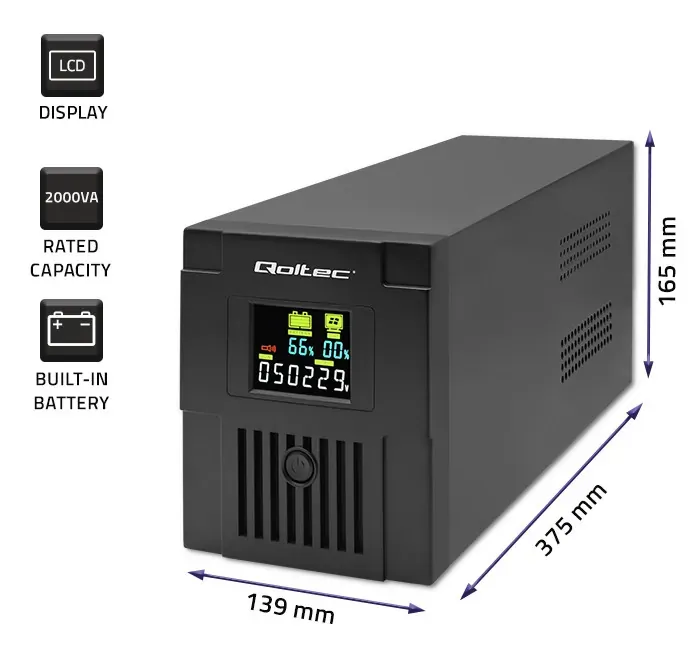 Zasilacz awaryjny UPS Qoltec Monolith 2000VA 1200W LCD USB + program