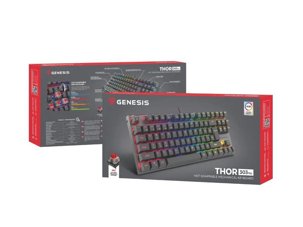 Aluminiowa klawiatura mechaniczna Genesis THOR 303 TKL RGB podświetlana gamingowa dla graczy