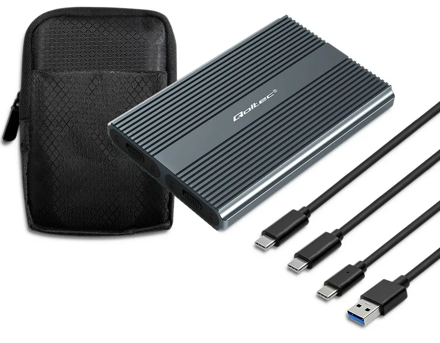 Obudowa kieszeń na dysk M.2 SSD SATA NVME DUAL Qoltec USB-C + etui