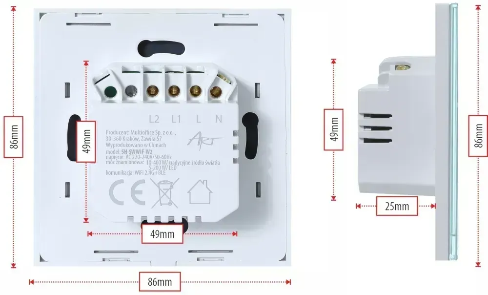 Dotykowy włącznik światła ZIGBEE 3.0 ART szklany podwójny - biały