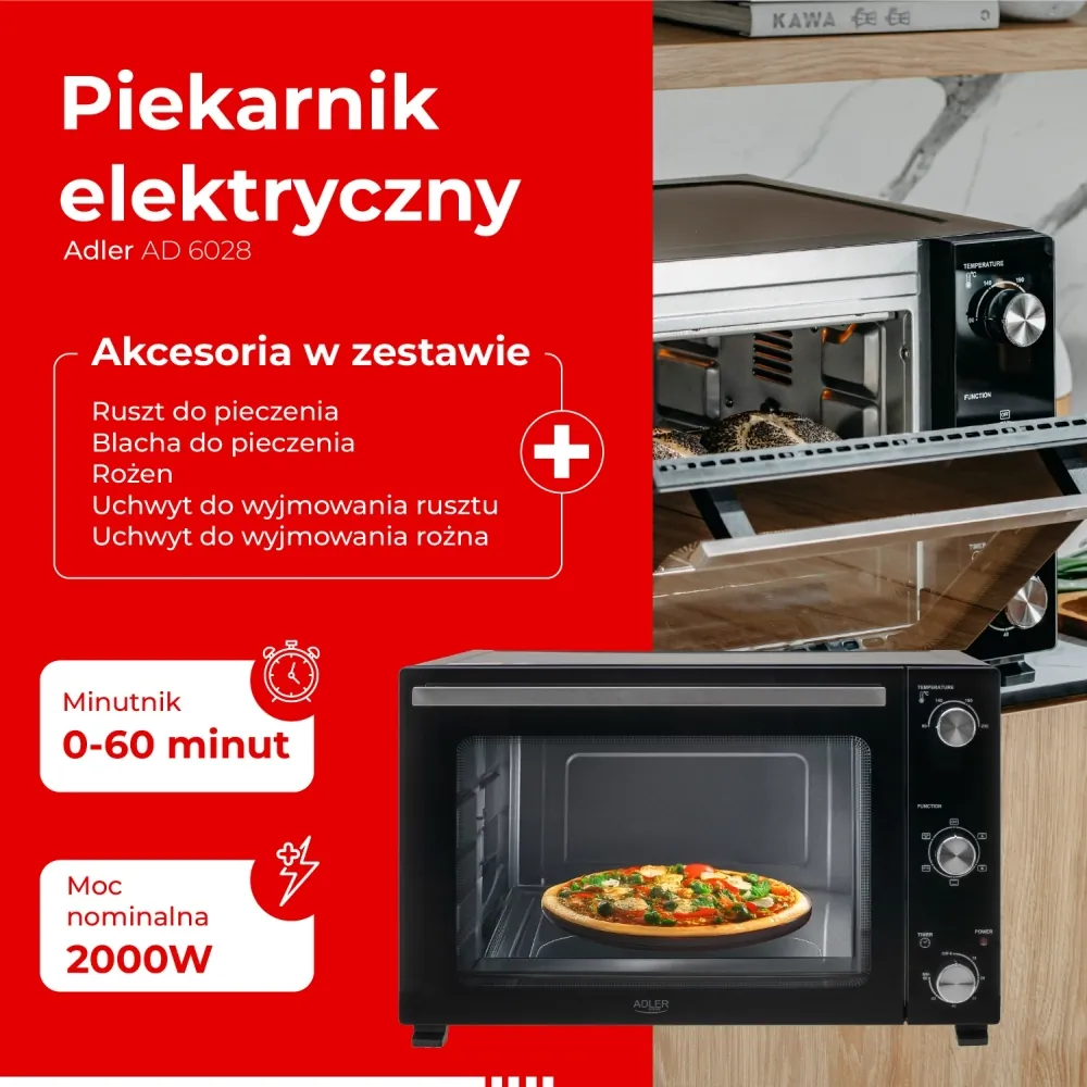 Piekarnik elektryczny 60L Adler AD 6028 + blacha do pieczenia + ruszt z uchwytem + rożen