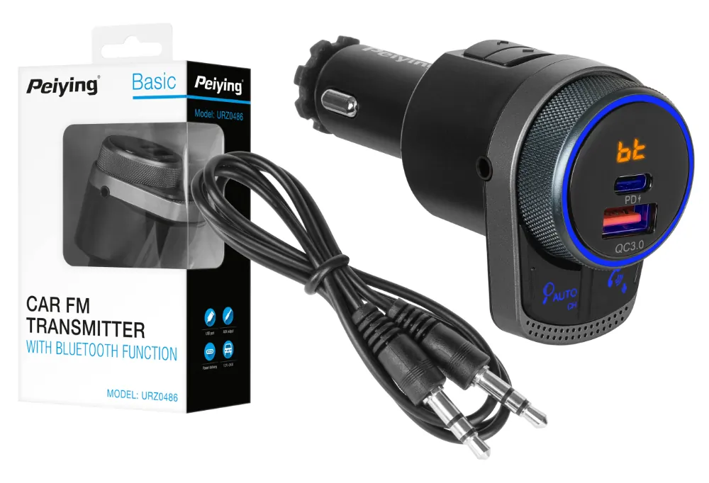 Podświetlany transmiter FM samochodowy z zestawem głośnomówiącym Peiying Bluetooth USB QC + USB-C PD