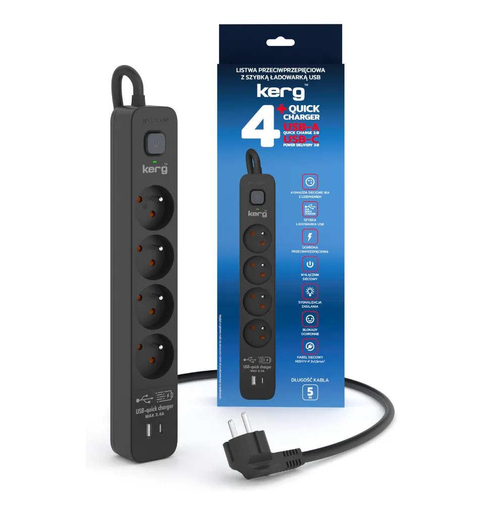 Listwa zasilająca przeciwprzepięciowa Kerg z wyłącznikiem 4 gniazda z uziemieniem USB QC + USB-C QC 5m 16A 
