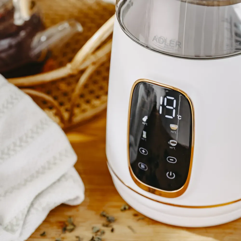 Czajnik elektryczny szklany LED z regulacją temperatury 1,7L Adler AD 1305 biało-złoty